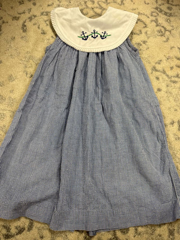 Handmade Blue gingham anchor dress faint mark on collar 6T/6X