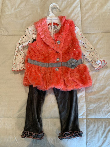 Little Lass NWOT polka dot top w pink vest and gray pants 24 Months
