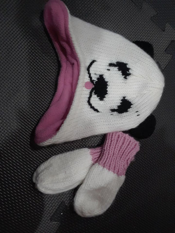 Black/White Dog Knit/Fleece Hat & Mittens Hat