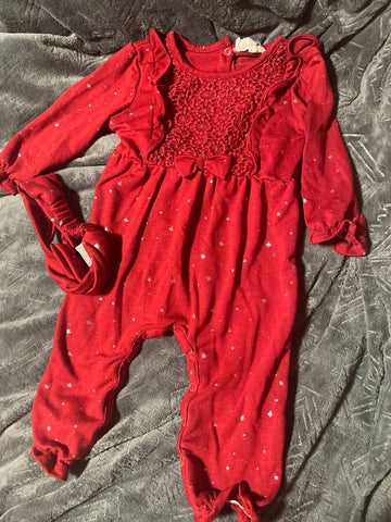 Jessica Simpson Red and Silver Set w Headband tiny stain on sleeve 12 Months