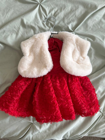 Red and white dress with white faux fur 0-3 Months
