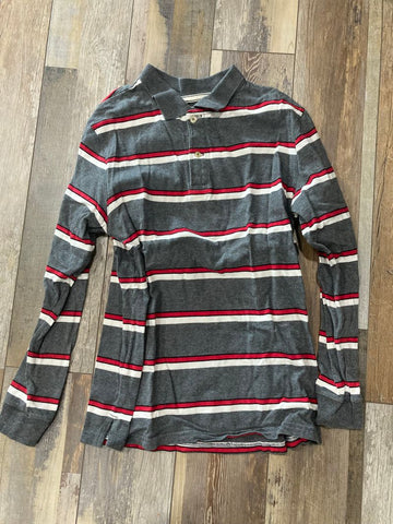 Gray, red and white striped Collar Long sleeve shirt 14