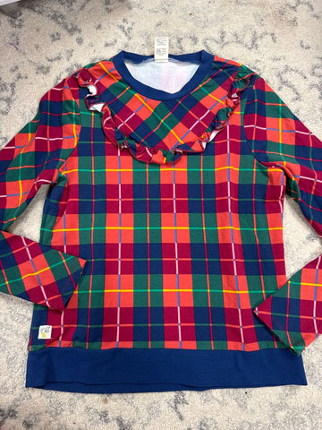 Wildflowers Red blue green plaid sweater 10