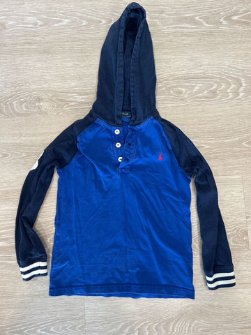 Polo Ralph lauren Blue hooded shirt, very light stains 6T/6X