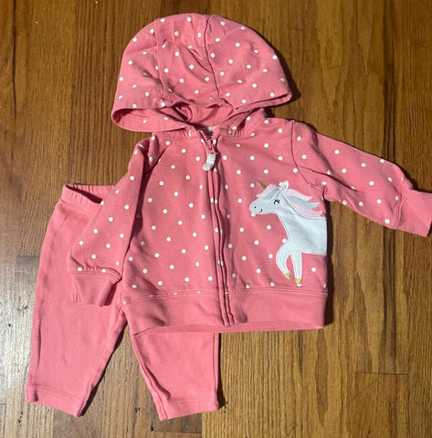 Carters Pink and Polka Dot Unicorn Sweatset 0-3 Months