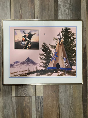 Framed Native American picture 20 inches long by 16 inches height Decor