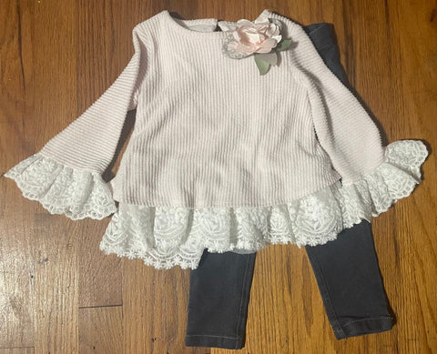 Rare Edition Light Pink Flower and Lace Sweater and Jeans 18 Months