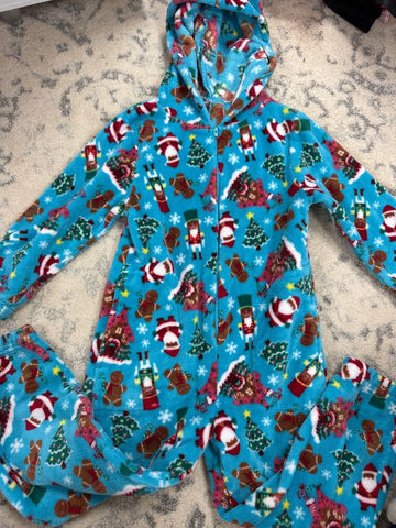 None Blue Santa gingerbread house hooded fleece pjs 7