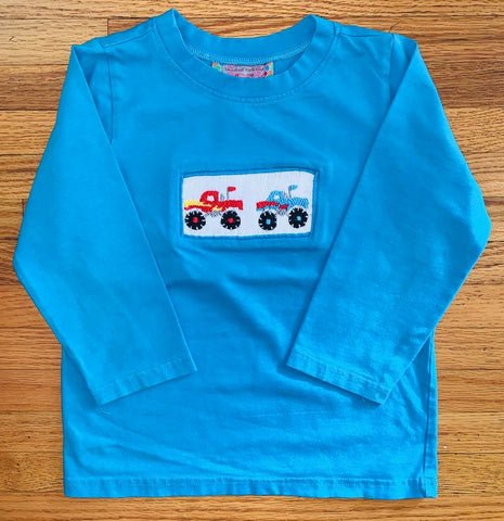 Smocked Polkadot Long sleeve teal monster truck smock 4T/4