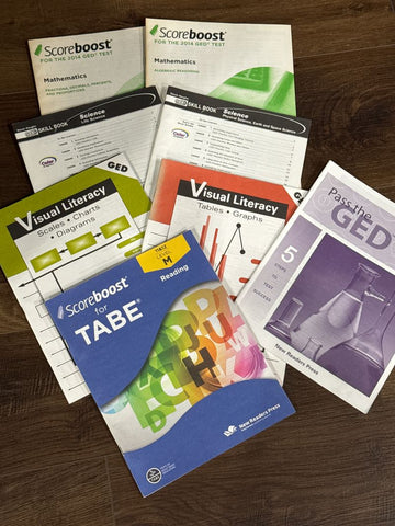 GED GED workbooks 8 books science, reading, math, graphs Curriculum
