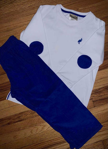 TBBC White crewneck w/ blue cord elbow patches & matching blue cords 5T/5