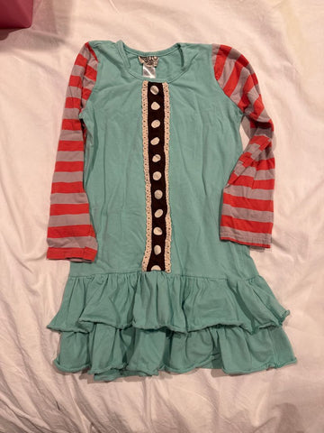 Sado Long teal top w ruffles at bottom striped sleeves 10