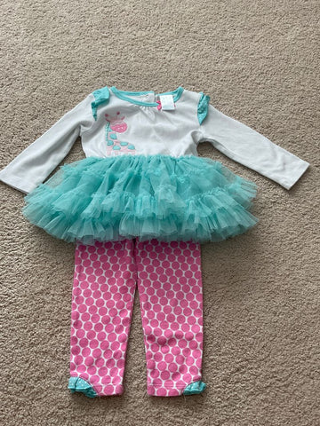 Nursery Rhyme Long sleeve tutu giraffe top with pink polka dot leggings 12 Months