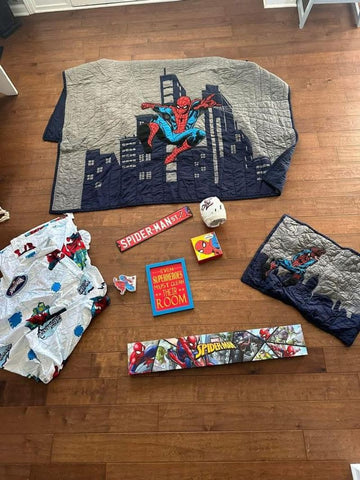 Pottery Barn PB Spiderman cityscape quilt, sham, and sheets. Bedding
