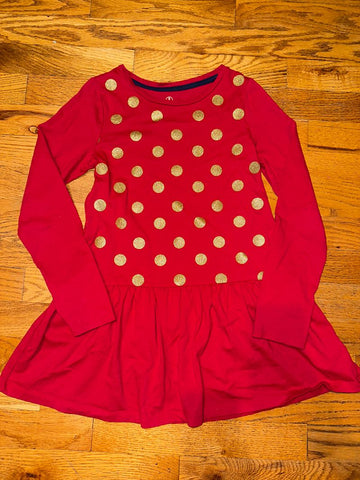 Lands End S 7-8 Red 100 percent cotton tunic dress gold glitter dots 8