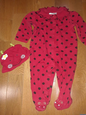 Red Black Dot Ladybug Footed w Hat 6-9m 6-12 Months