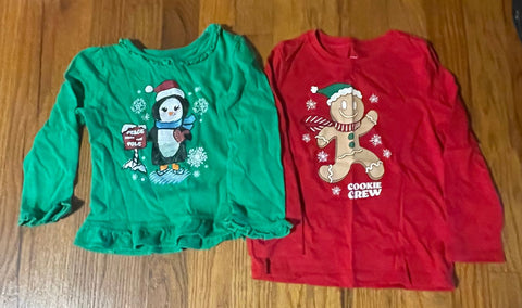Holiday Time Green Penguin and Red Gingerbread Man Christmas TShirts 2T