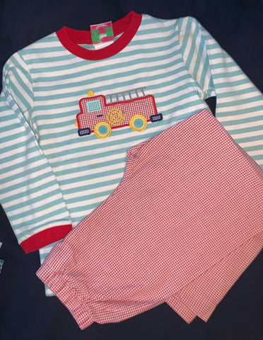 Shrimp & Grits Firetruck appliqué shirt with red and white gingham pants 5T/5