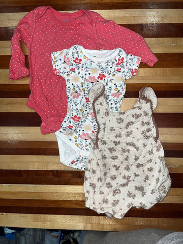 6-9months, 1-pink 1-tan floral, 1-white floral 6-12 Months