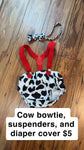 Cow diaper cover With suspenders and bow tie 12-24 Months