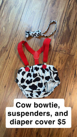 Cow diaper cover With suspenders and bow tie 12-24 Months