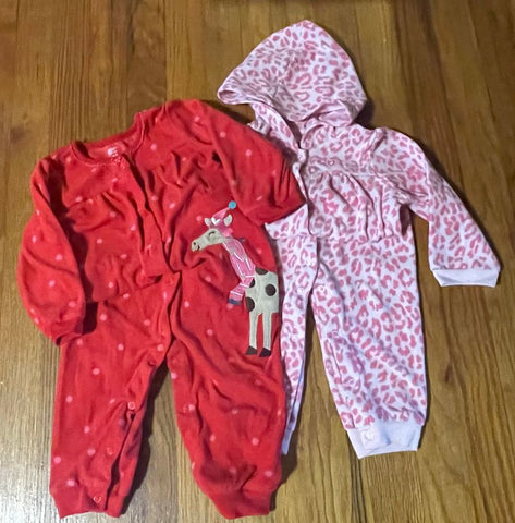 Carters Giraffe Red Polka Dot and Pink Leopard Hoodie Fleece Pajamas 18 Months