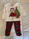Holiday Time Girl by Christmas tree with plaid matching pants 12 Months