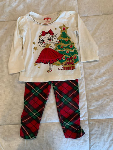 Holiday Time Girl by Christmas tree with plaid matching pants 12 Months