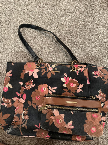 Spartina 449 Black floral tote bag with wallet loved condition wear on bottom Bag