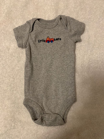 Okie Dokie NB gray onesie with fire truck and little hero 0-3 Months
