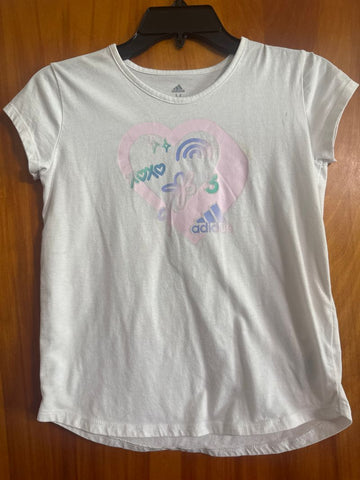 Adidas White shirt, pink heart, untreated stain 10