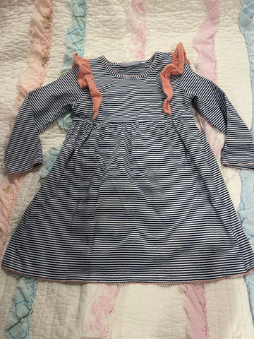 Trotter St Blue and white striped dress with pink ruffles on shoulders 3T/3