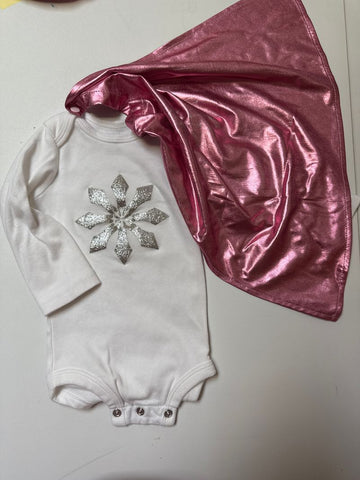 Carters 6 moWhite onesie w snowflake and cape. Snowflake rubbed off cape 3-6 Months