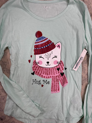 Wallflower New Teal shirt with cat wearing winter scarf and hat 12