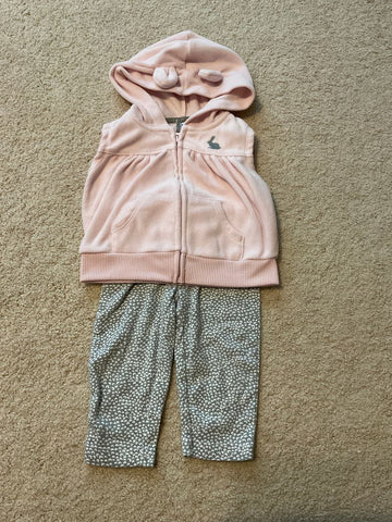 Carters 6 mo fleece zip hooded vest and pant set w/embroidered Bunny 3-6 Months