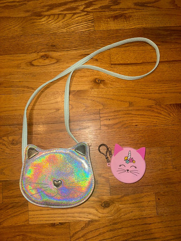 Iridescent Cat Purse Silver cat purse blue strap. Pink zipper clip coin purse Purse