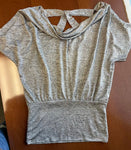 Heart Soul L tag. Gray dressy top. Cowl neck, fitted tummy, crisscross back Women's - M