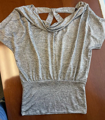 Heart Soul L tag. Gray dressy top. Cowl neck, fitted tummy, crisscross back Women's - M