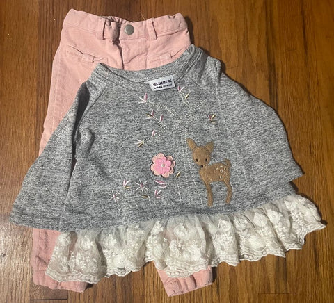 Blueber Boulevard Deer Gray and Lace Sweater and Pink Corduroy Pants 2T