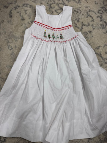 Handmade White smocked dress with Christmas trees 6T/6X