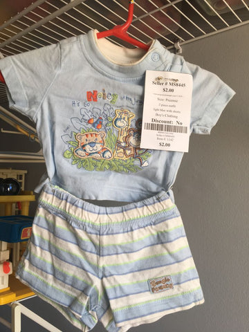 2 piece "Premie"outfit light blue shirt with shorts 0-3 Months