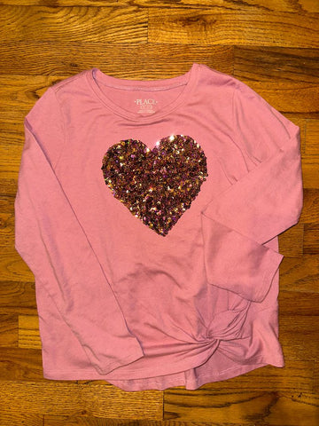 Childrens Place 10/12 pink long sleeve sequined heart side cinch soft 12