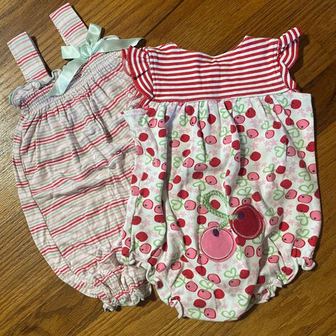 Various Cherry and Striped Rompers 6-12 Months