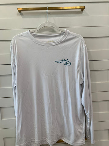 Reel life Teal shark on back, super light staining on front Men's - L