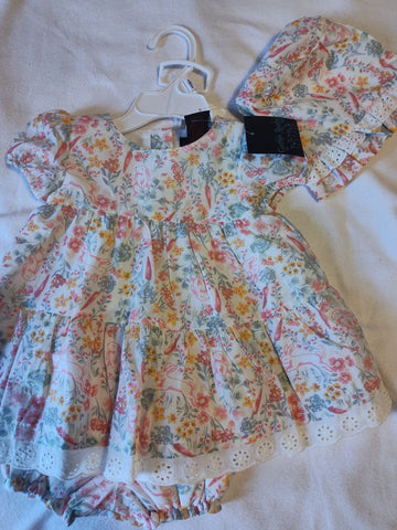 Cynthia Rowley Floral print Dress with bloomers and hat- New 6-12 Months