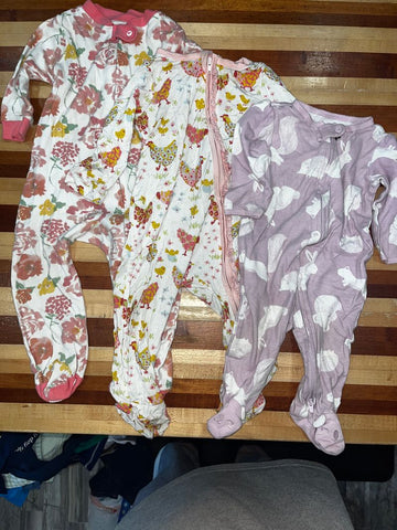 1-purple, 1-chickens 1-pink floral  6-9months 6-12 Months