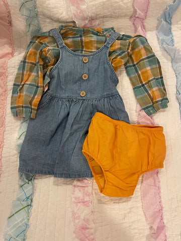 Cat and Jack NWT Blue Jean jumper with mustard plaid top and mustard bloomers 18 Months