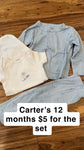 Carters 3 peice Light blue and white shirt 12 Months