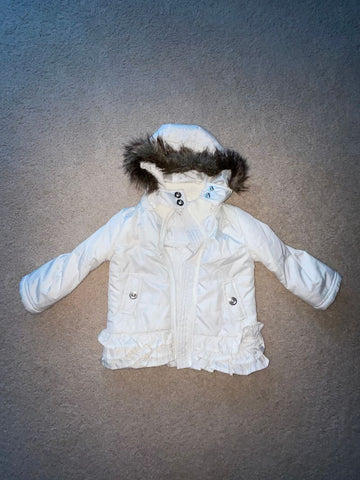 Starting Out Winter white ruffle puffer jacket with fur trim detachable hood. 18 Months